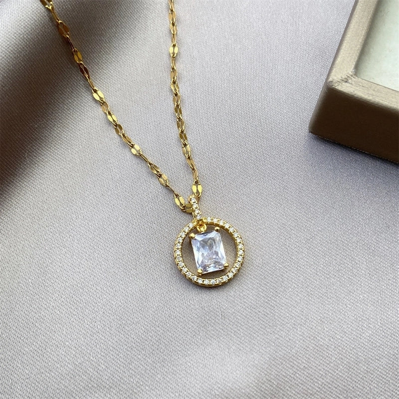 Vintage Style Geometric Stainless Steel Plating Inlay Zircon Pendant Necklace