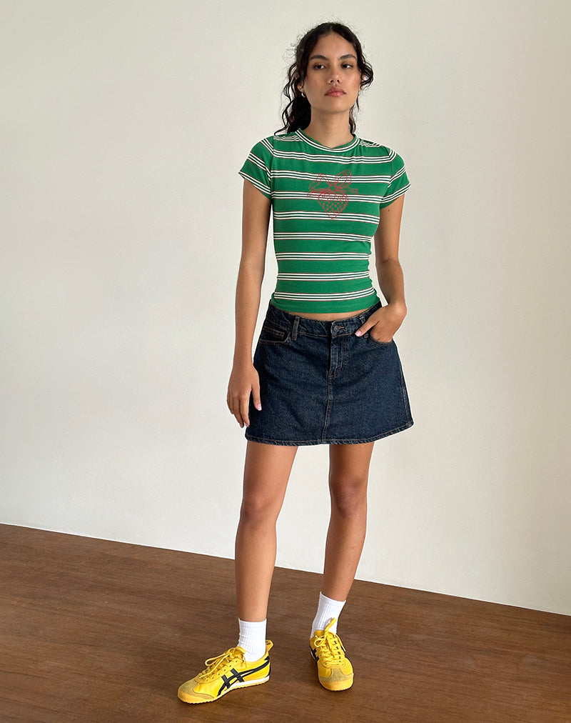 Glenda Jersey Tee in Green and White Stripe with Strawberry Motif