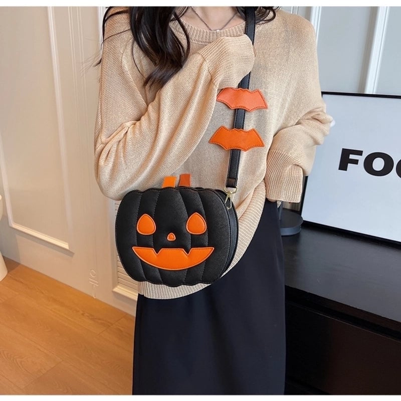 Halloween Women's Medium Pu Leather Pumpkin Vintage Style Zipper Shoulder Bag