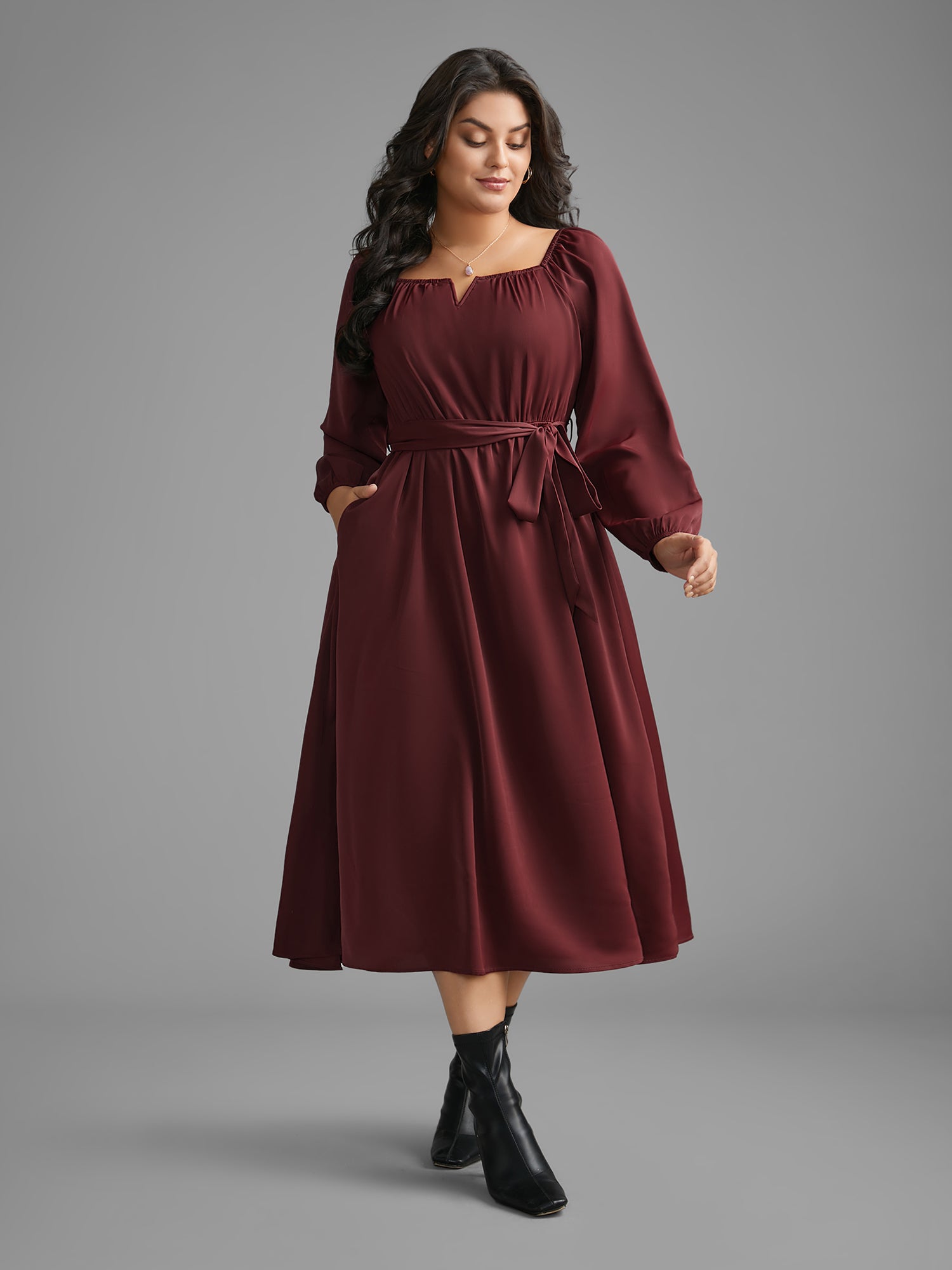 Square Neck Gathered Belted Midi Dress