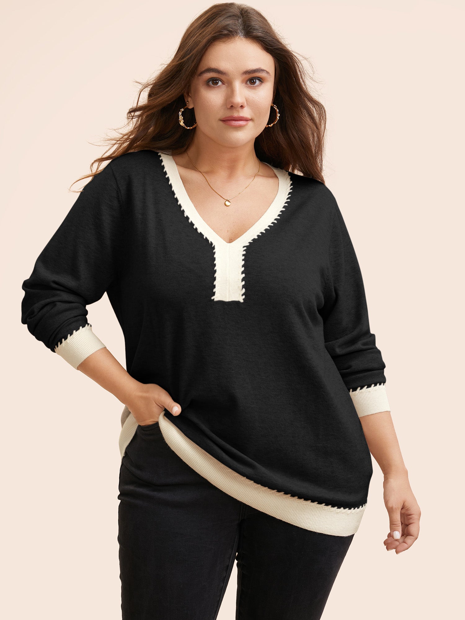 Supersoft Essentials V Neck Contrast Crochet Pullover