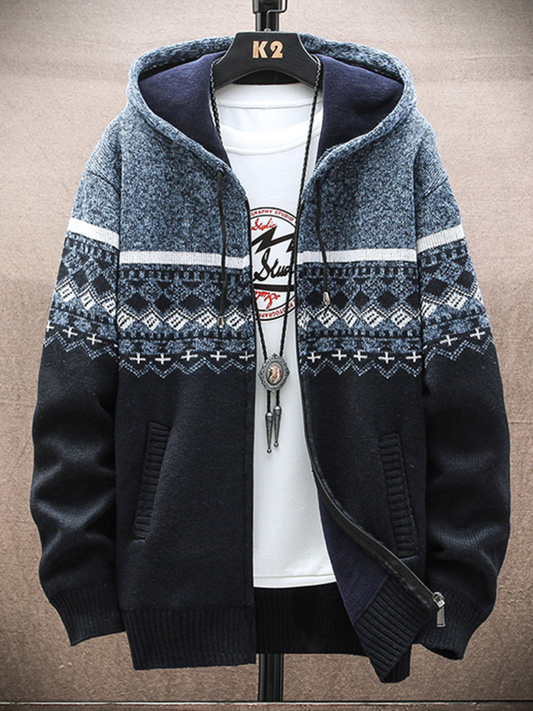 Men's Vintage Knitted Pattern Hooded Cardigan Sweater