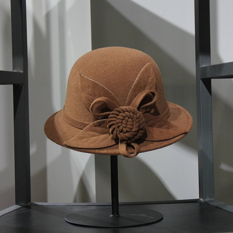 Autumn And Winter Woolen Top Hat Women's Dome Top Hat Solid Color Woolen Hat  Fashion Flower Lady Temperament Basin Hat