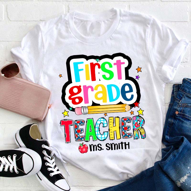 Personalized Grade And Name Color Pencil Stars Red Apple Teacher T-Shirt