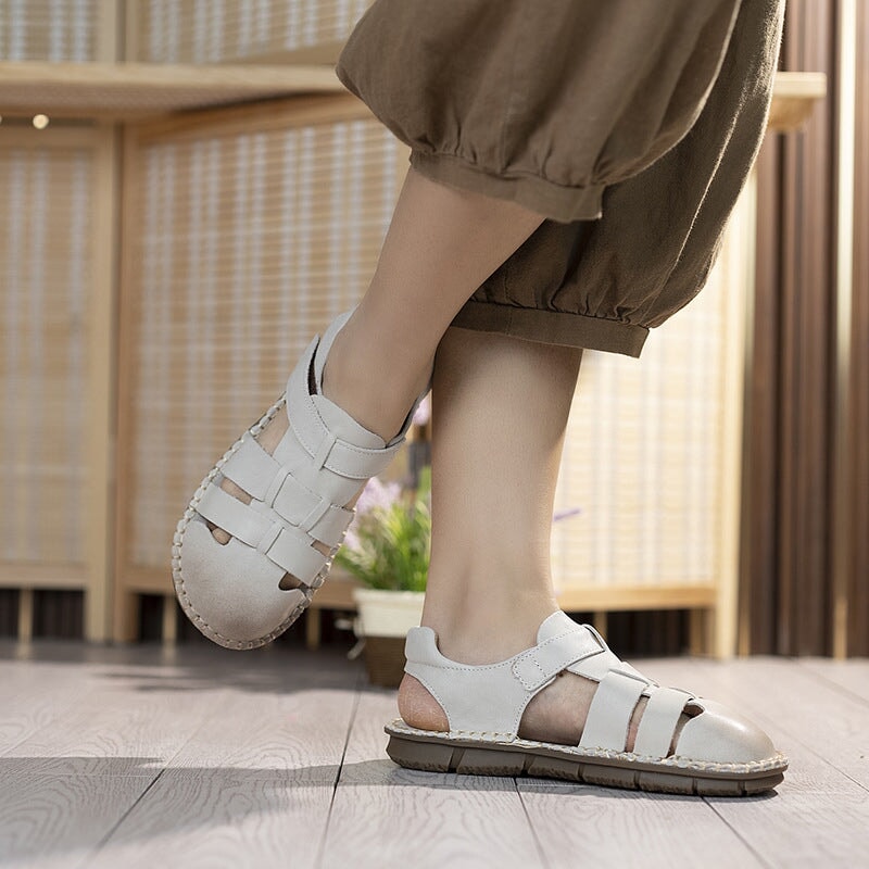 Genuine Leather Gladiator Sandals Summer Breathable Velcro Flat Shoes in Beige/Khaki/Coffee