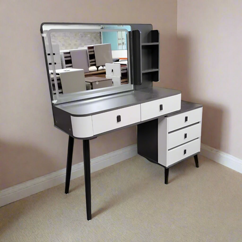 Modern Vanity Desk with LED Mirror | 100x40x145 cm. 4 Drawer Storage | White & Grey | Bedrooms.Dressing Rooms. Studio Apartments. Beauty Salons