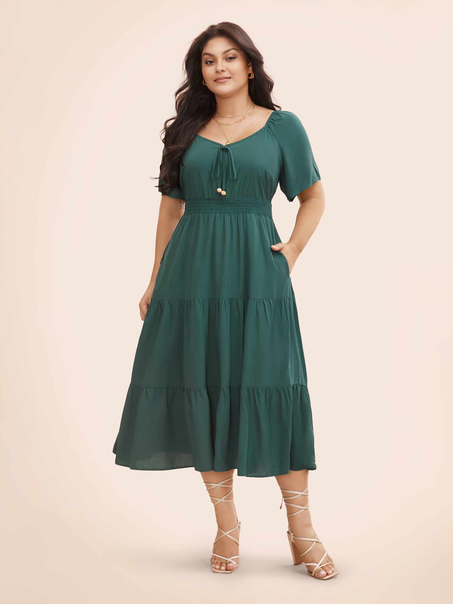 Heart Neckline Shirred Ruffle Layered Hem Dress