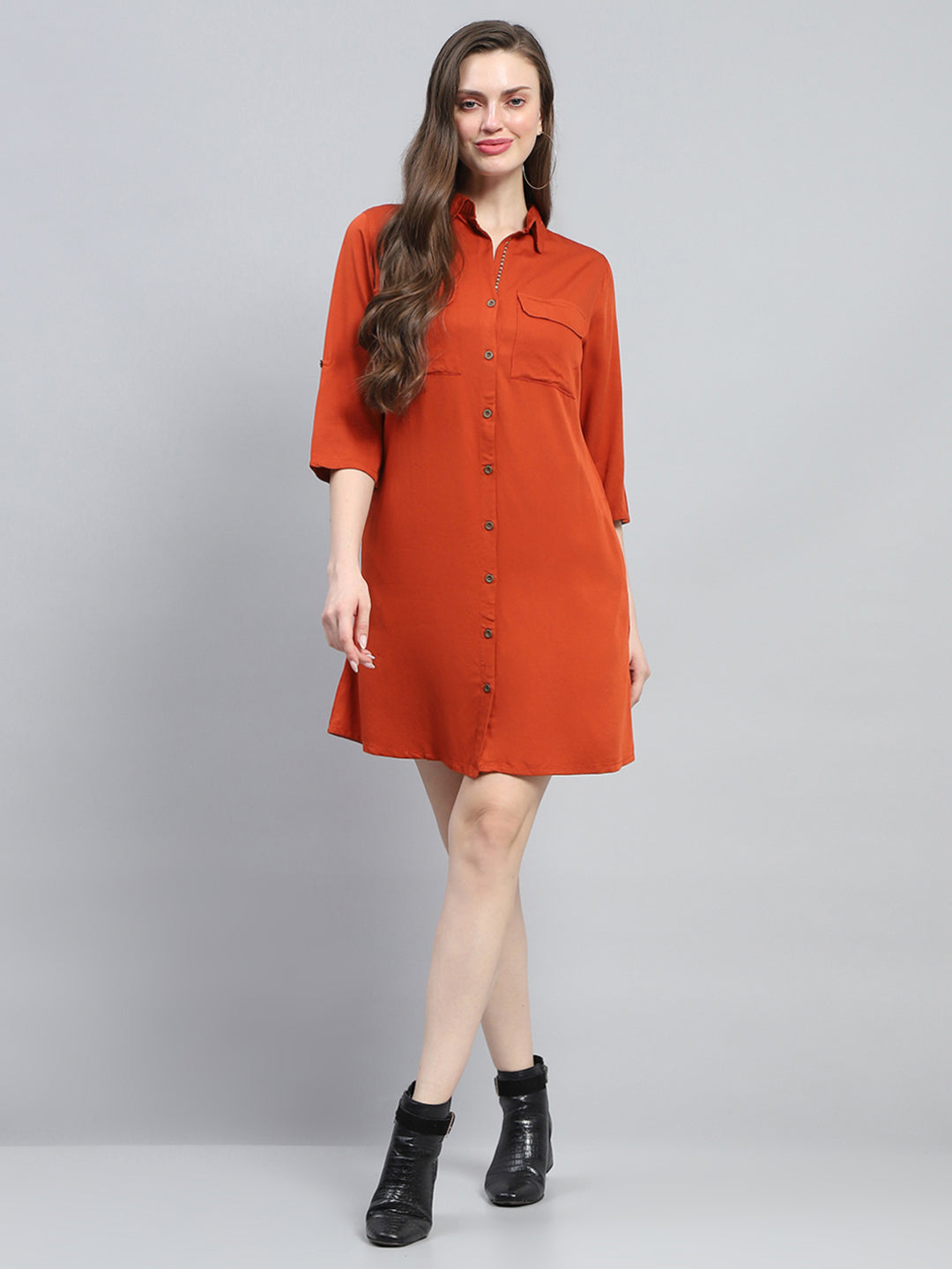 Women Rust Solid Collar 3/4th Sleeve Tunic