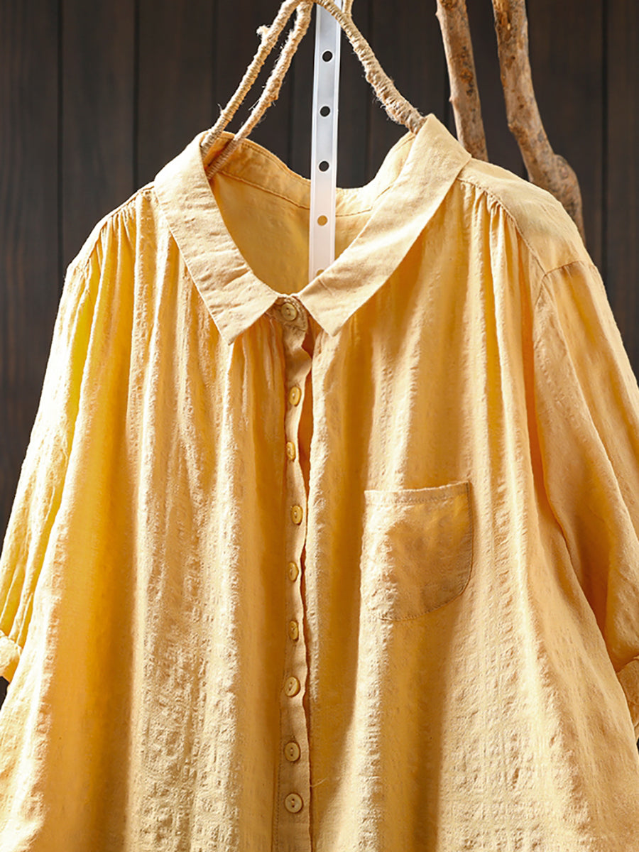 Women Spring Casual Pure Color Turn-down Collar Cotton Shirt