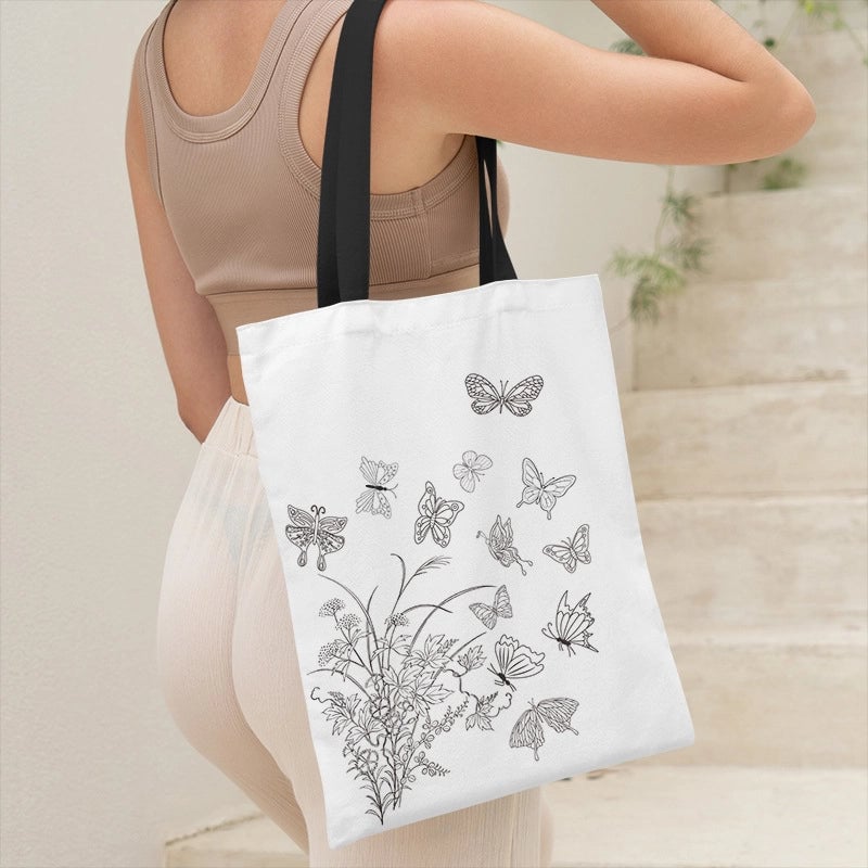 Women's Canvas Printing Butterfly Streetwear Square Open Canvas Bag