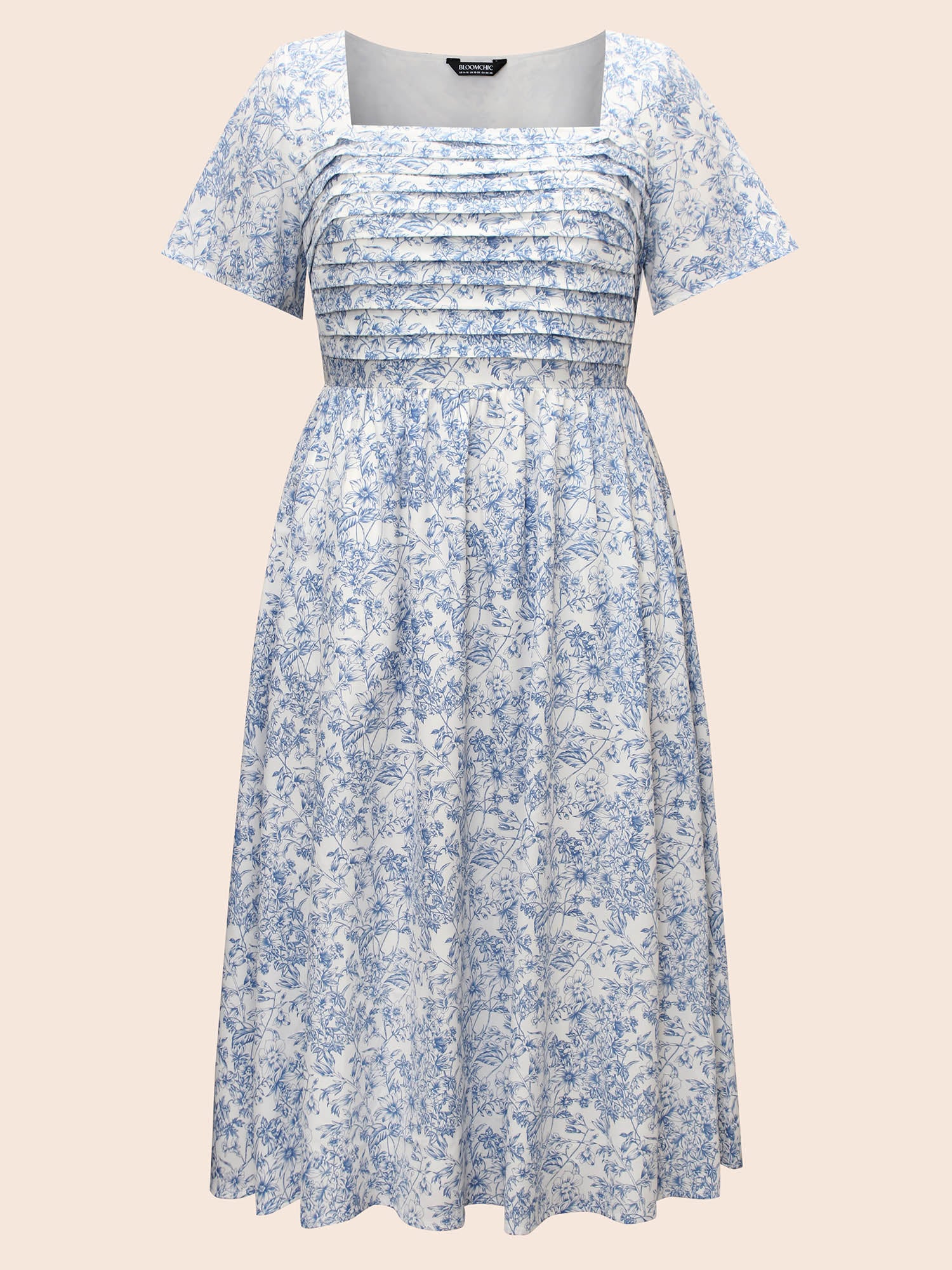 Square Neck Floral Tucked Seam Dress