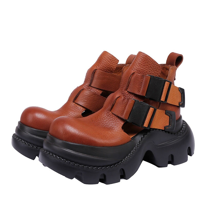 65mm Chunky Platform Cow Leather Ankle Boots Sandals with Double Buckle Black/Brown