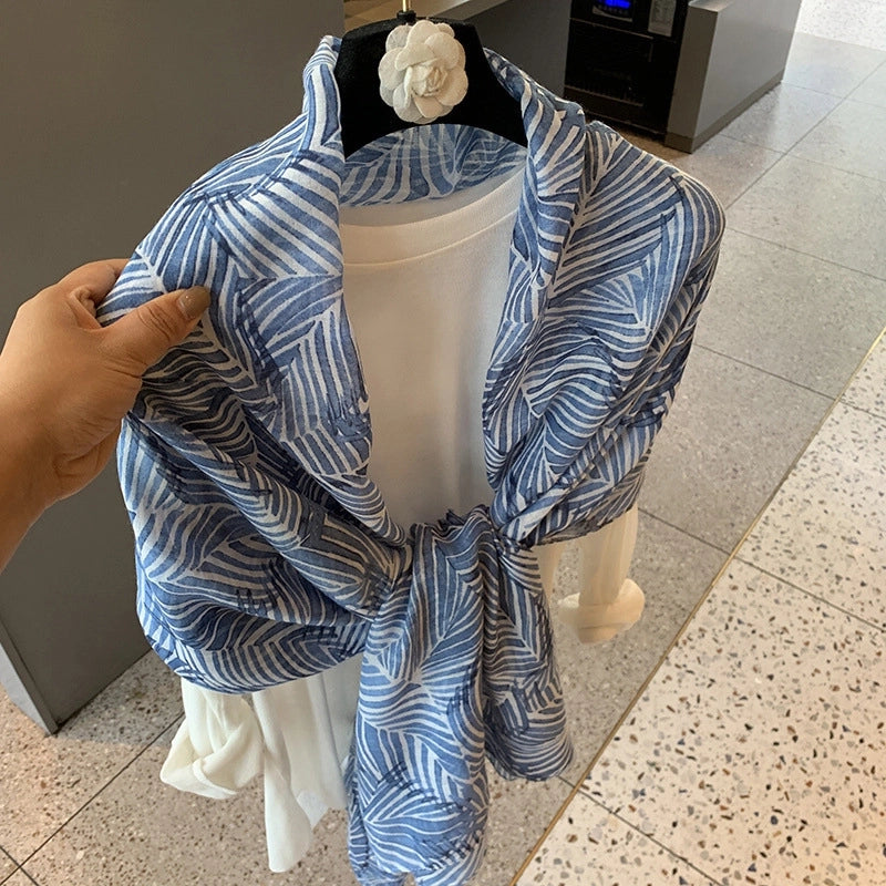 Women's Silk Scarf Summer Versatile Thin Scarf Cotton And Linen Scarf Blue Feather Tassel Beach Towel Sunscreen Shawl