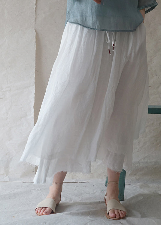 Solid White elastic waist drawstring double-deck Linen Skirts Spring