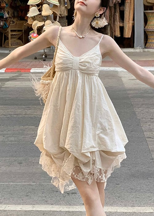 Elegant Beige V Neck Lace Cotton Mini Dresses Sleeveless