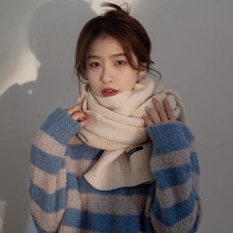 Solid Color Scarf Women's Winter Thickened Warm Shawl Wool   Positive And Negative Knitted Scarf Student Fashion