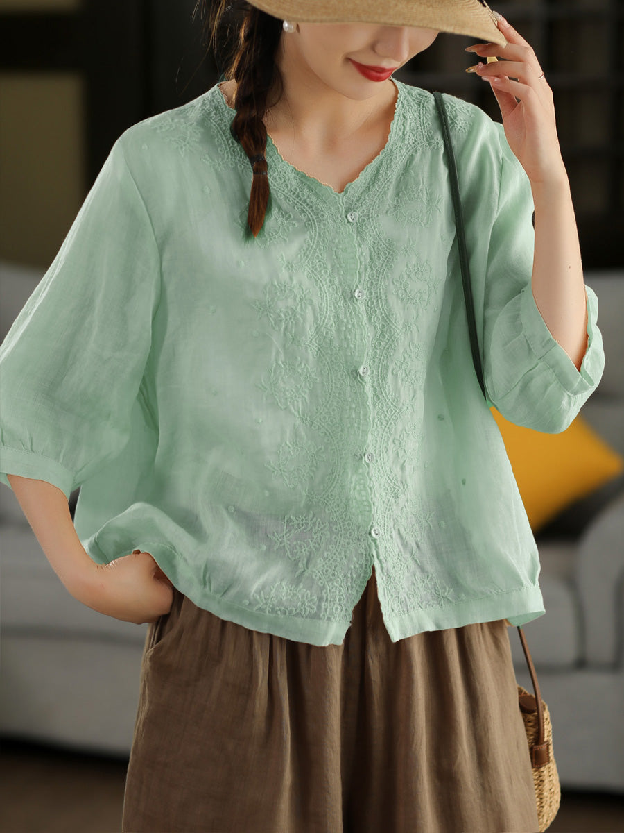 Women Summer Vintage Embroidery V-neck 100%Raime Shirt