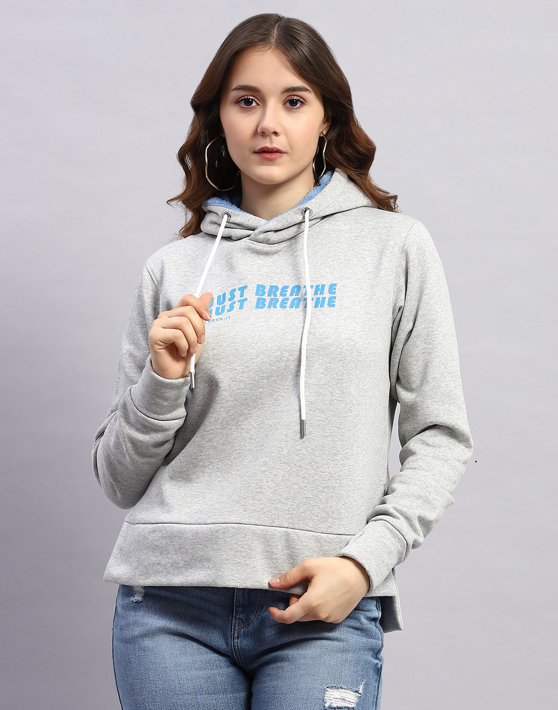 Women Grey Solid Hooded Full Sleeve Sweatshirt