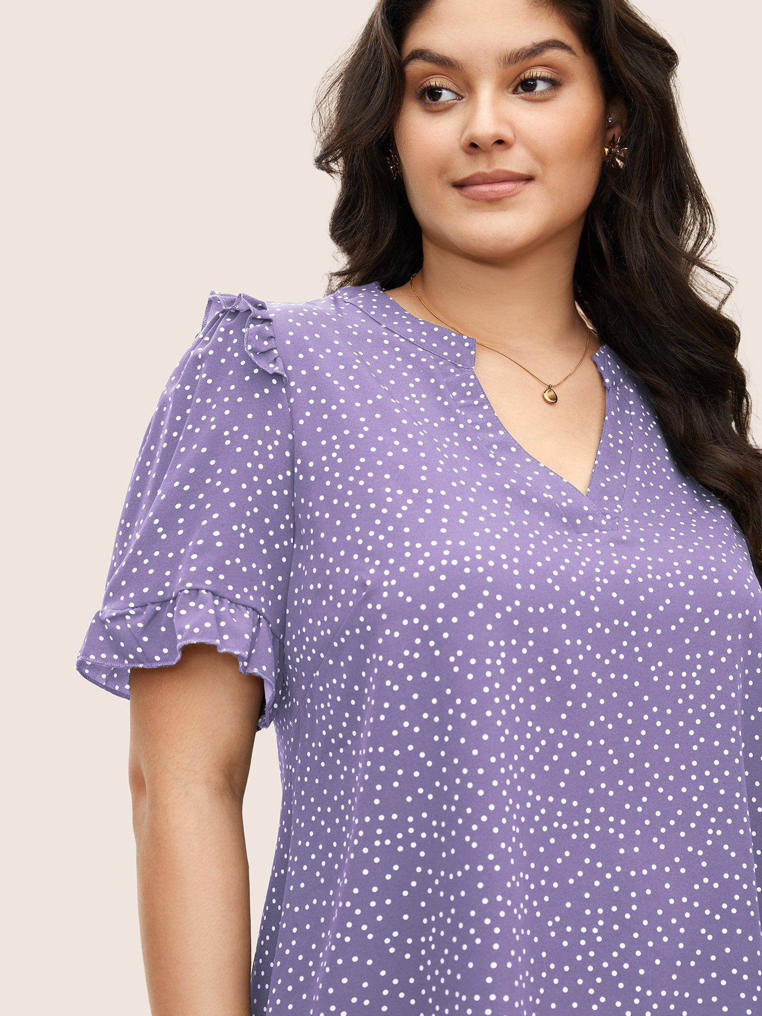 Polka Dot V Neck Ruffle Trim Blouse