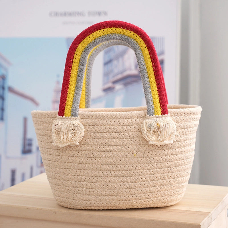 Women's Medium Cotton Rainbow Solid Color Vacation Beach Weave Bucket Open Straw Bag