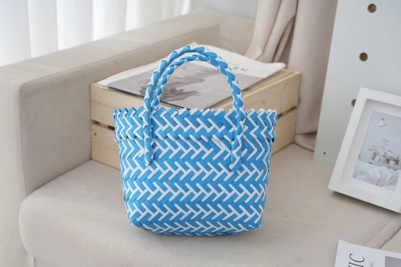Women's Small PVC Stripe Bow Knot Cute Weave Square Open Handbag