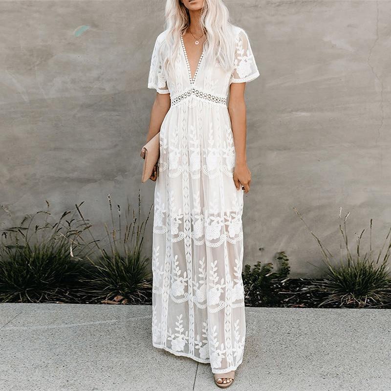 Boho Dress for Women|Bohemian Dress|Midi Boho Dress| Summer Lace Embroidery Long Sleeve V-neck White Chiffon Dress Lady mesh Patchwork Boho Dresses|Wedding Guest Dress