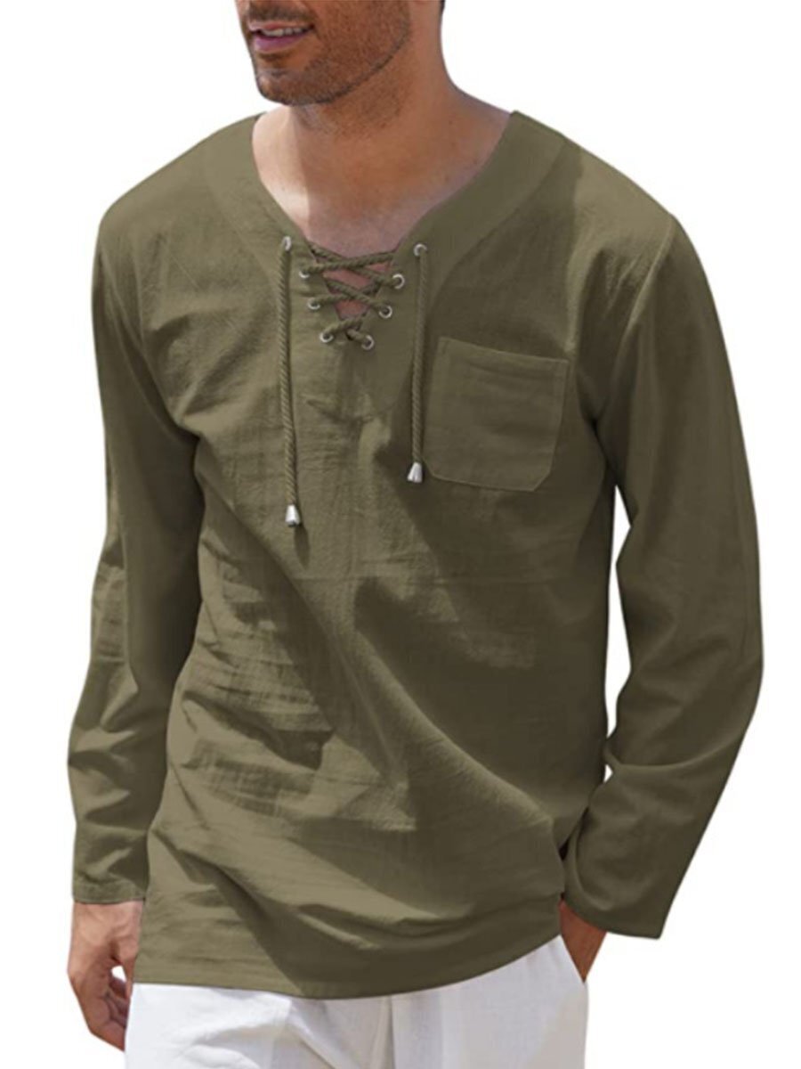 7-pack Woven Cotton And Linen Fashion Casual Lace-up V-neck Long Sleeve Shirt Top