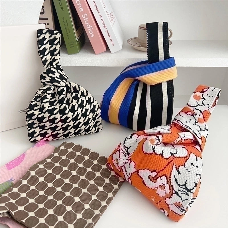 Women's Knit Houndstooth Fruit Flower Cute Bucket Open Handbag Bucket Bag