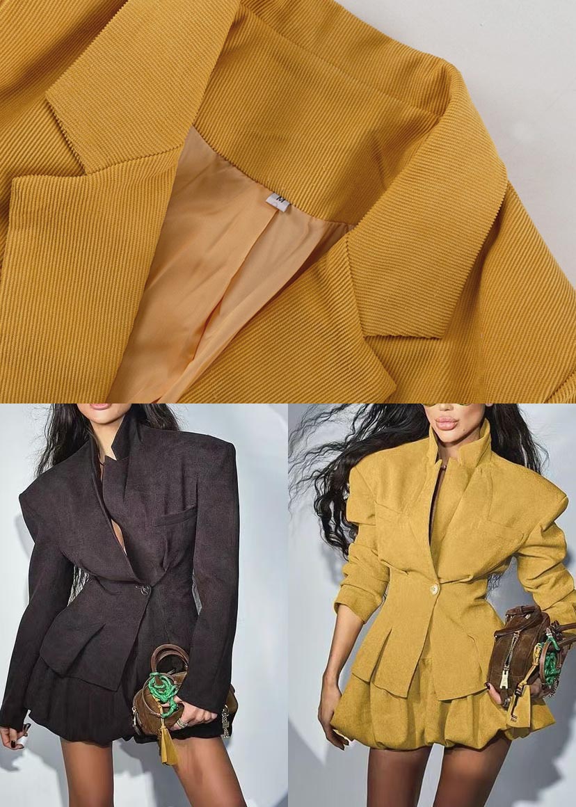 Yellow Silm Fit Cotton Coats And Skirts Women Sets 2 Pieces Spring