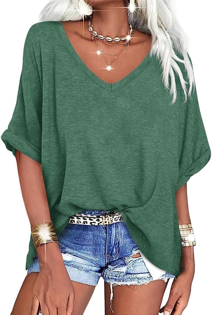 🔥PROMOTION LAST DAY🔥Women's Summer Tops Oversized Tshirts Half Sleeve Loose Fit V Neck Casual Blouse Tee
