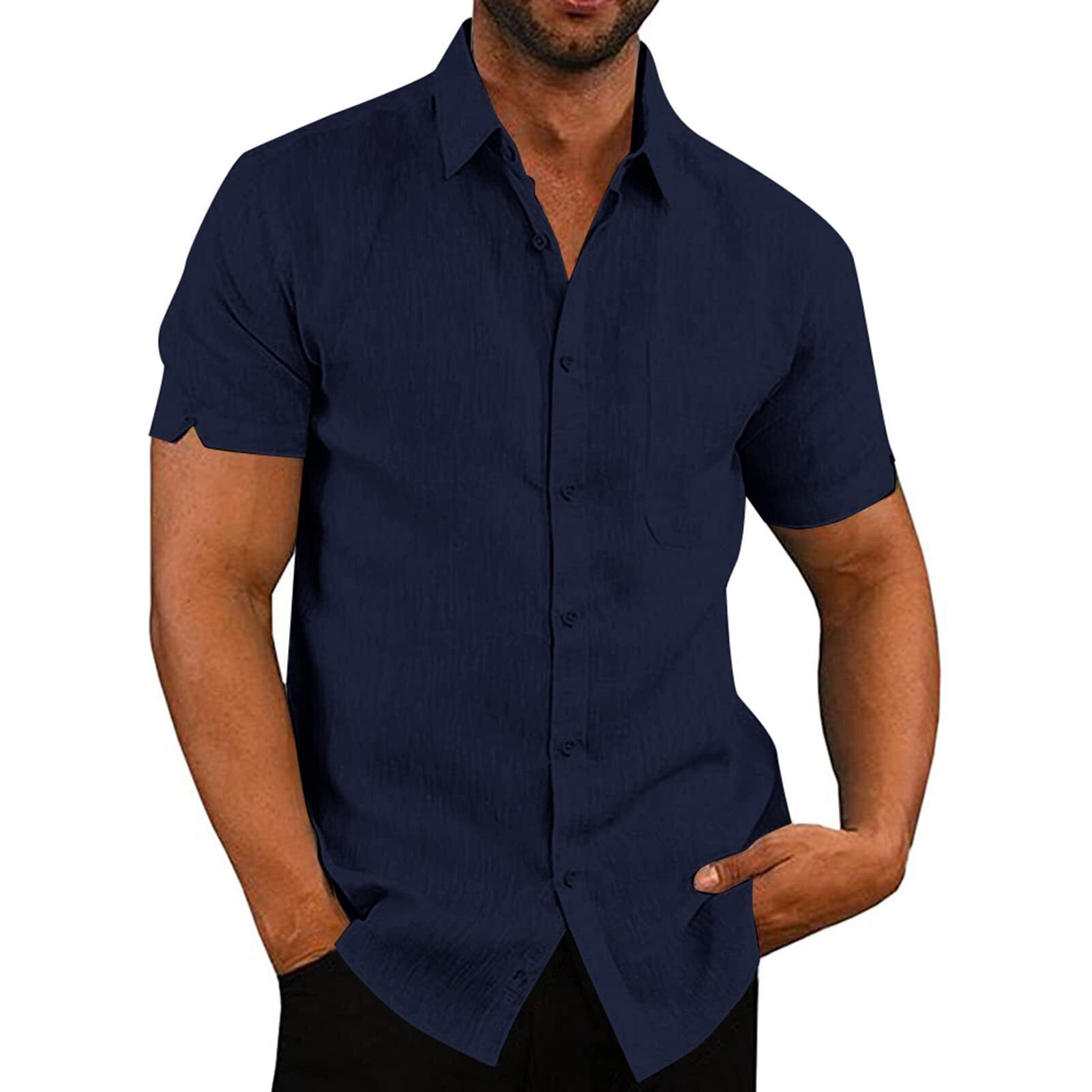 8-pack Mens Linen Shirts Short Sleeved Shirts Button Down Cotton Summer Casual Loose Fit Shirt Tops
