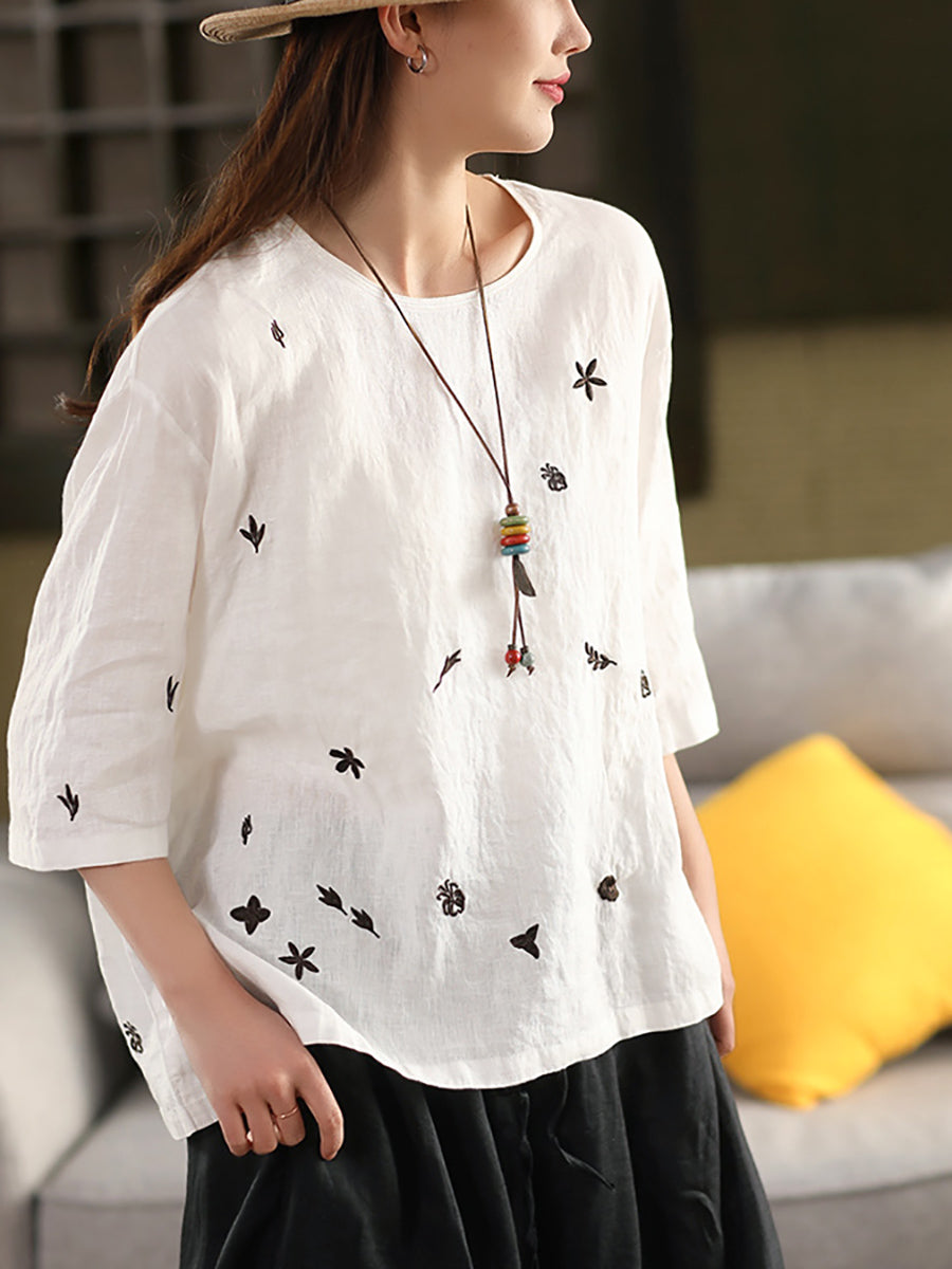Women Spring O-Neck Flower Embroidery 100%Linen Shirt