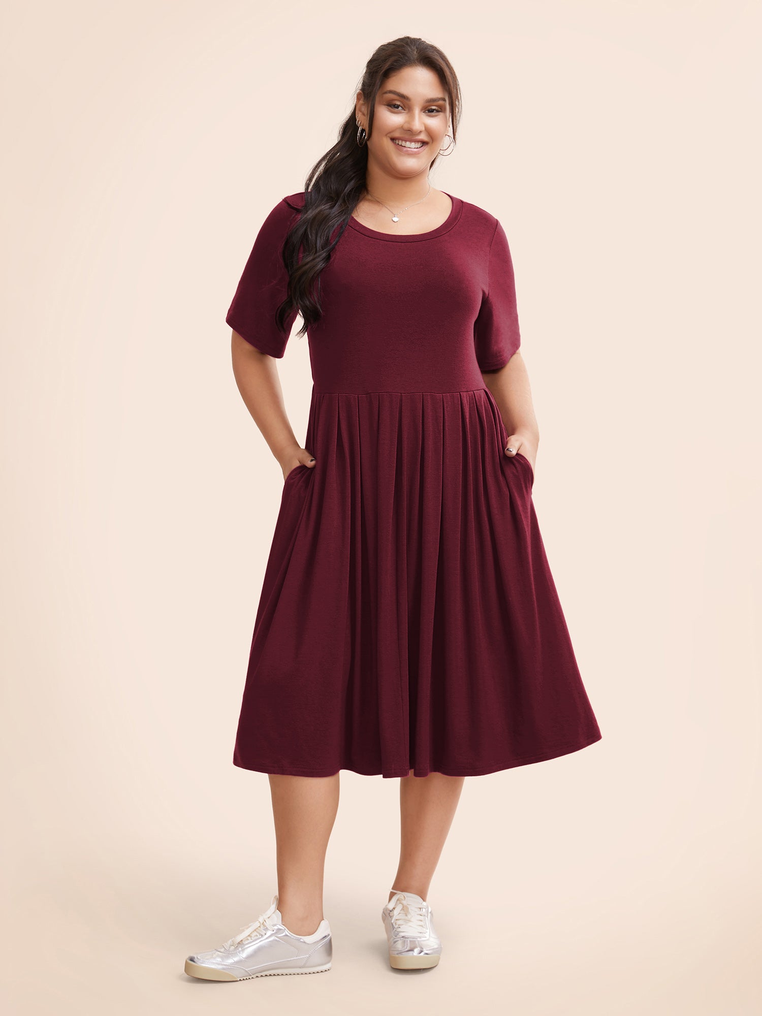 Supersoft Essentials Solid Pleated Round Neck Midi Dress