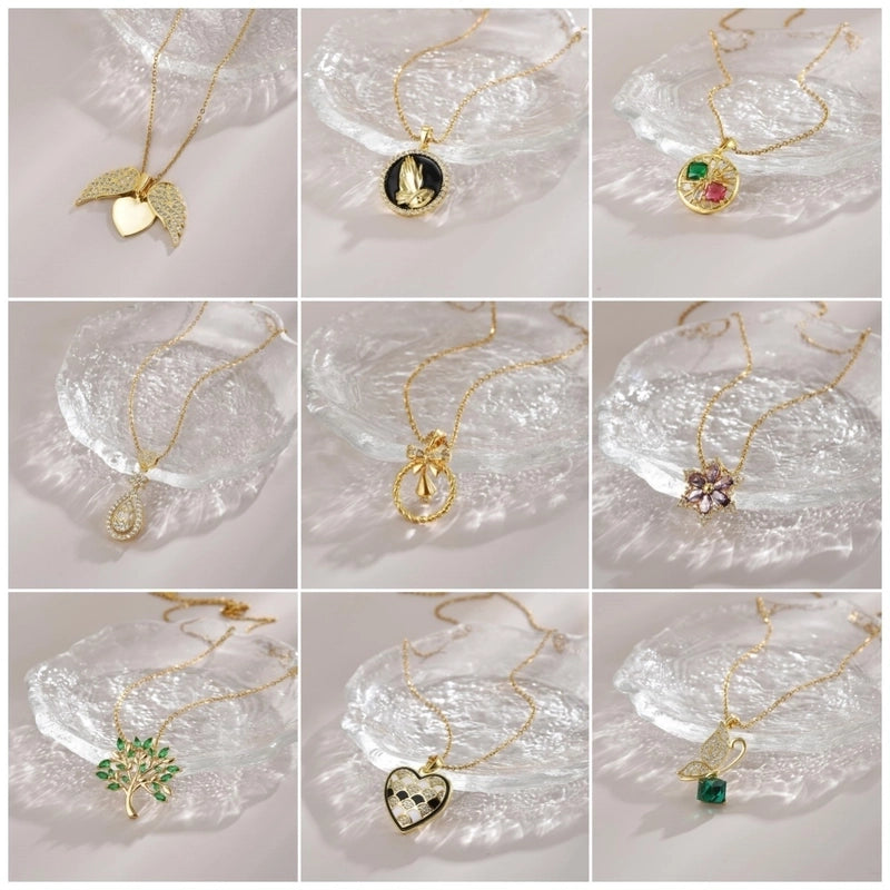 Elegant Minimalist Leaf Flower Bow Knot Titanium Steel Zircon Plating Pendant Necklace