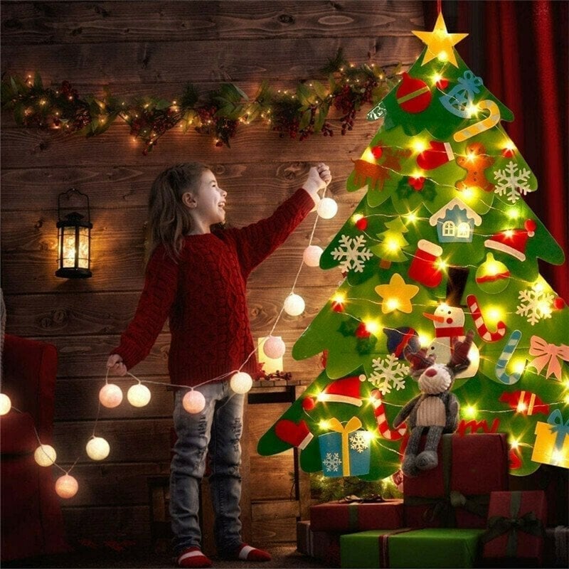 (🎅 Christmas Sale - 49% Off) Felt Christmas Tree Set with 32PCS Tree Hanging Wall Ornaments 30LED String Lights✨DIY with Kids