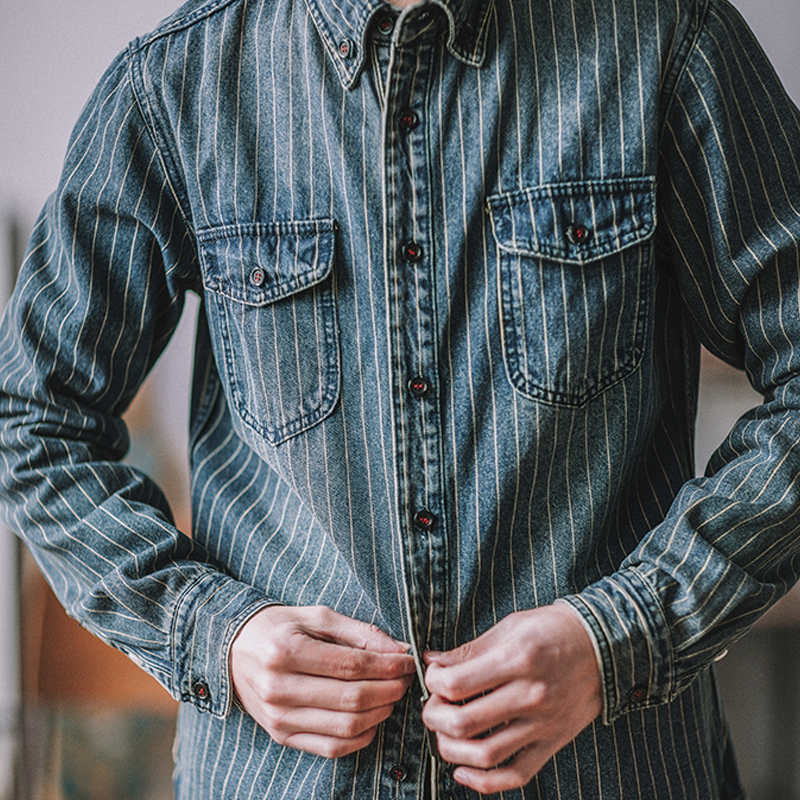 Retro Heavy Vertical Striped Denim Casual Shirt