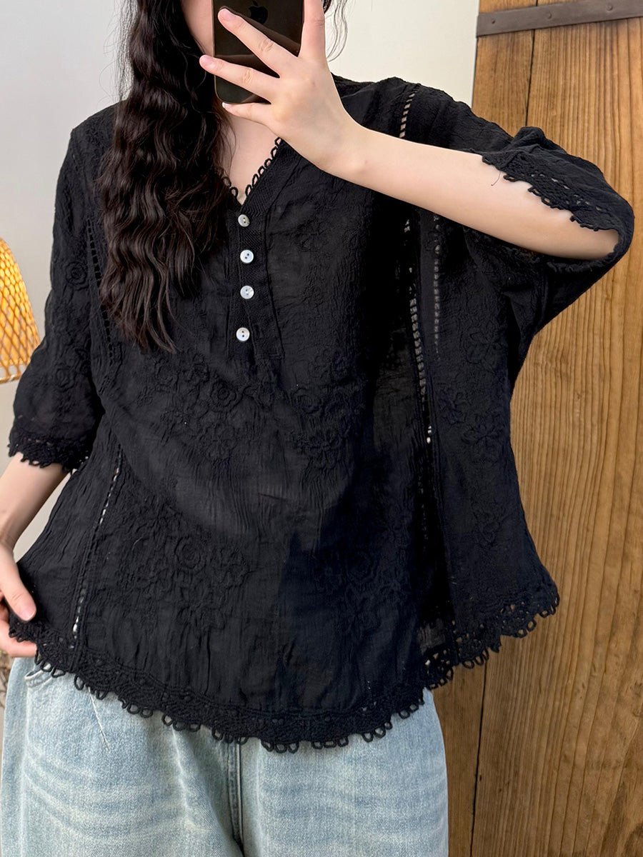 Women Summer Artsy Embroidery Flower Ramie V-Neck Shirt