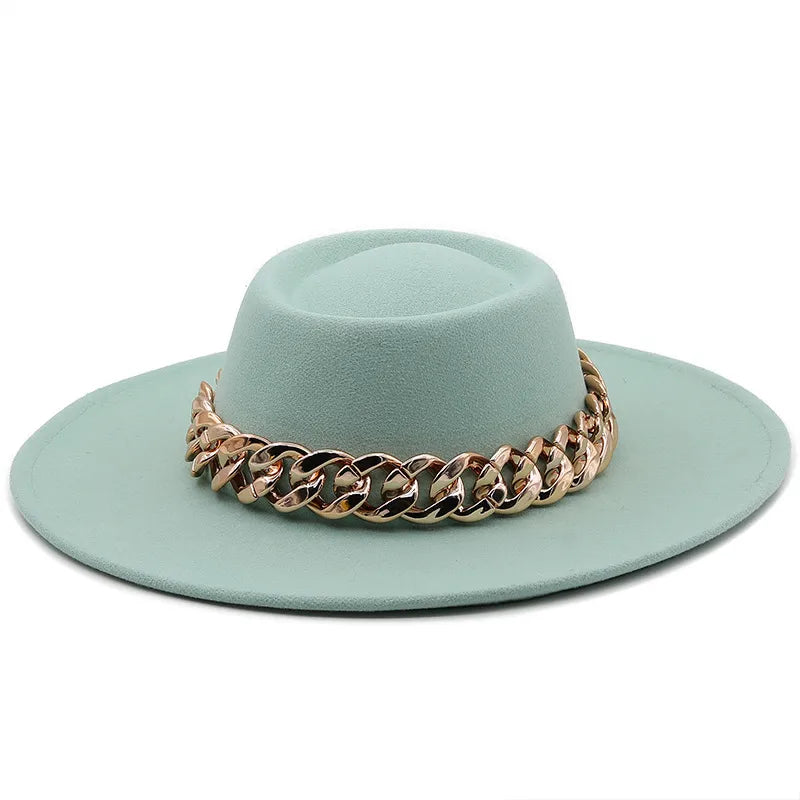 New Retro Ethnic Style 9.5 Brim Wool Woolen Felt Hat Concave Top Men's And Women's Top Hat Large Brim Thick Gold Chain Hat
