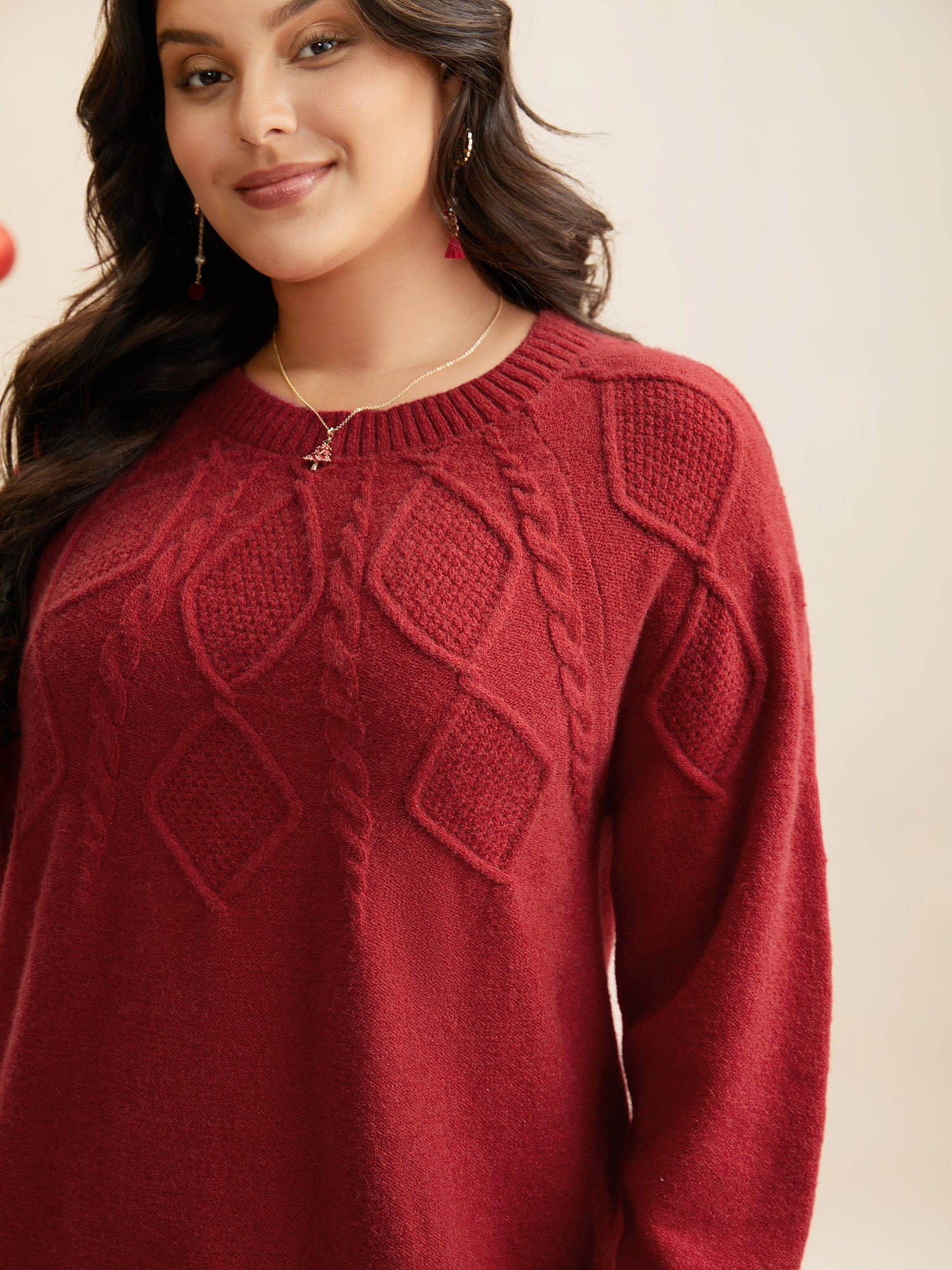 Cable Knit Bodice Crew-Neck Pullover