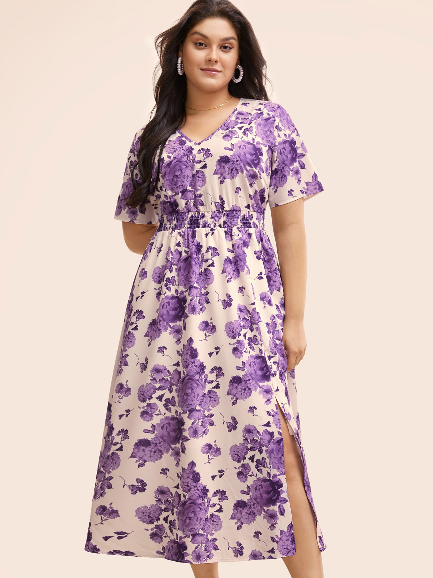 Floral Print Split Side Shirred Dress