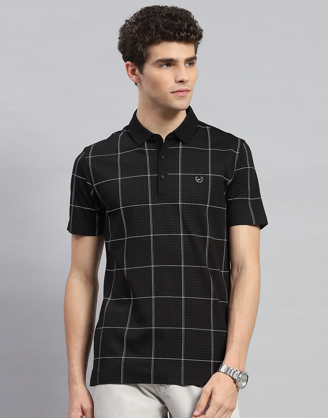 Men Black Check Polo Collar Half Sleeve T-Shirt