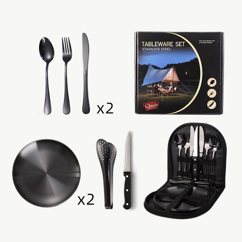 Outdoor Travel Stainless Steel Tableware Camping Picnic Barbecue Plate Clip Steak Knife. Fork And Spoon Suit Portable Storage Bag
