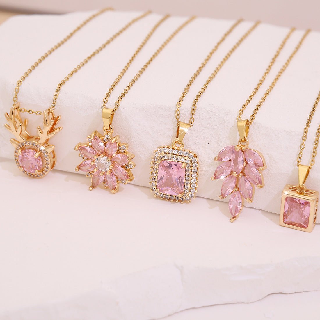 Pink Zirconium Flower Pendant Leaf Geometric Square Clavicle Chain Niche N1487