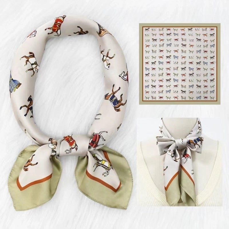 2 Pieces Women's Elegant Plaid Flower Horse Satin Silk Scarf