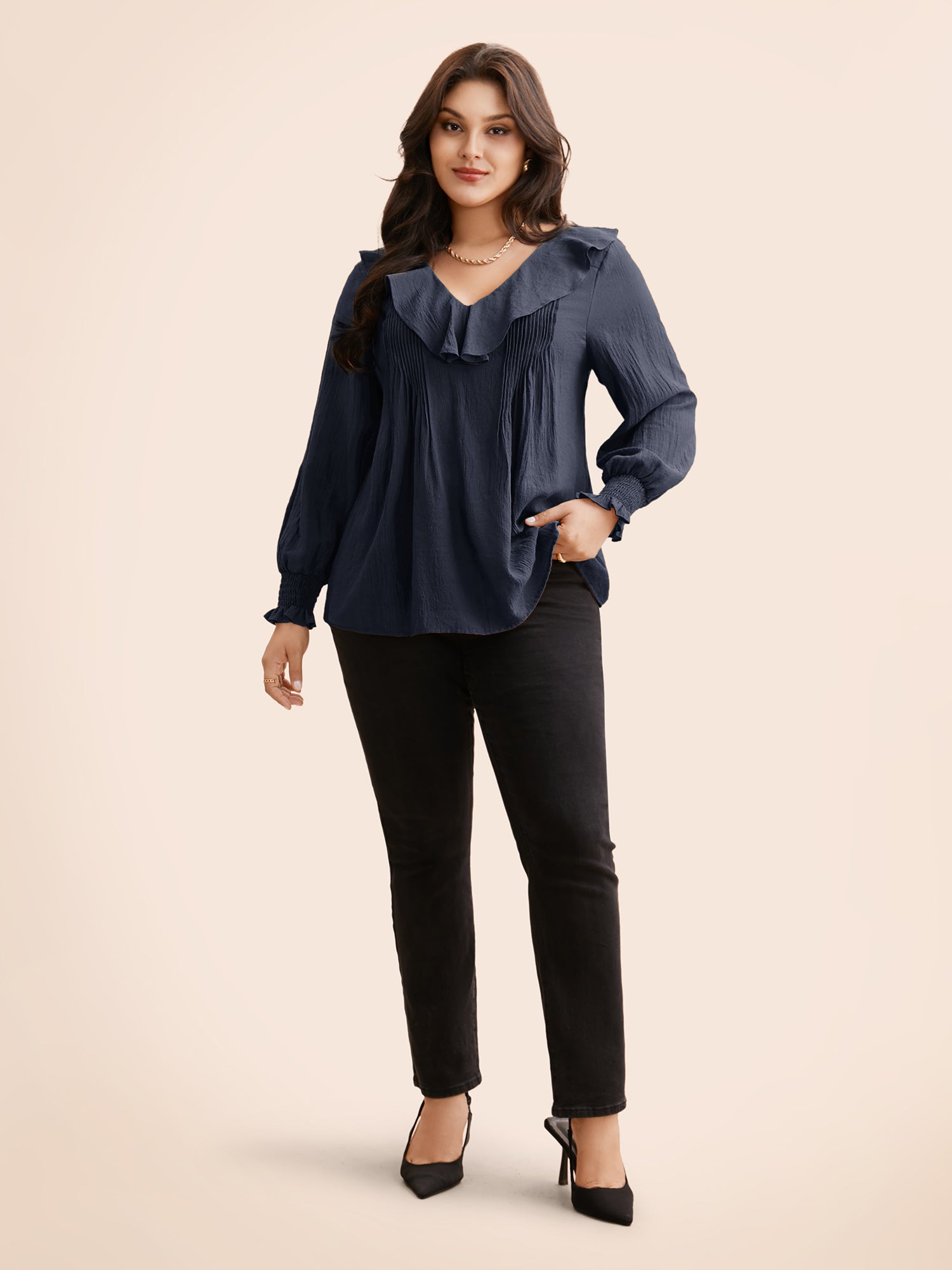 Solid Texture Pleated Ruffle Trim Blouse