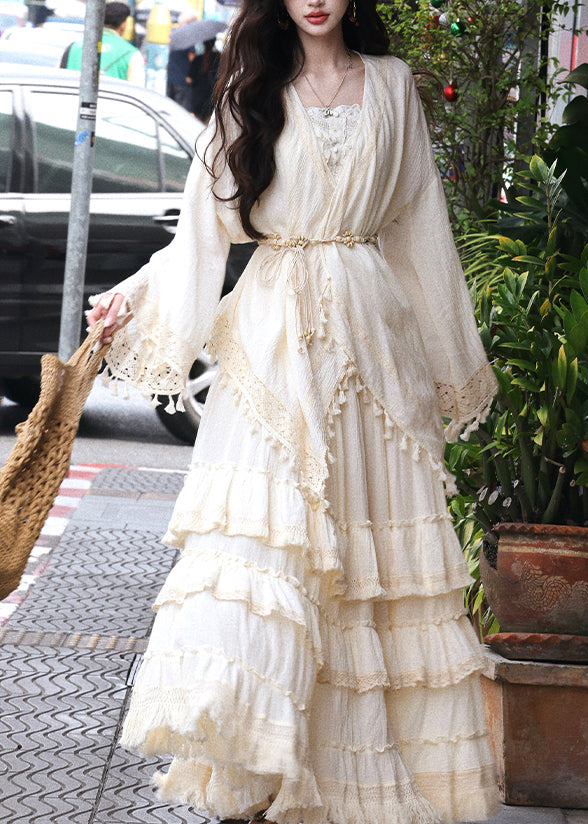 Art Beige V Neck Lace Patchwork Tassel Cardigans Maxi Skirts And Two Piece Set Spring