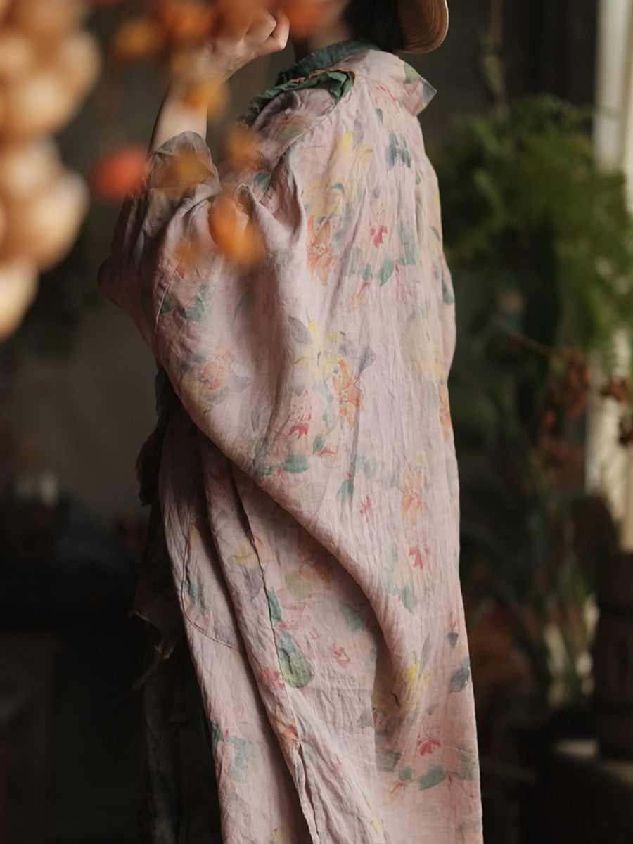 Women Summer Vintage Flower Spliced V-Neck Ramie Shirt Coat