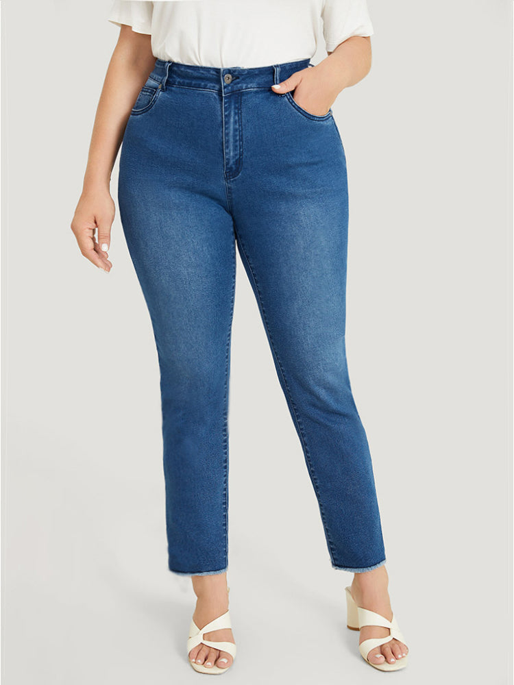 Very Stretchy High Rise Medium Wash Lace Insert Raw Hem Jeans