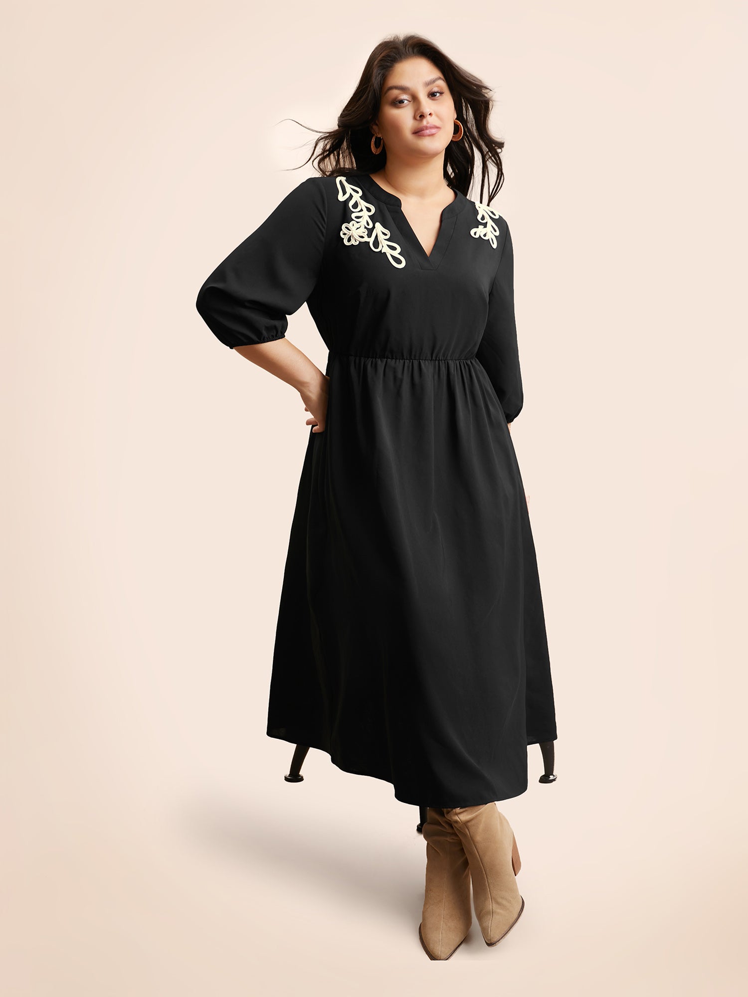 Notched Stereo Flower Design Midi Dress