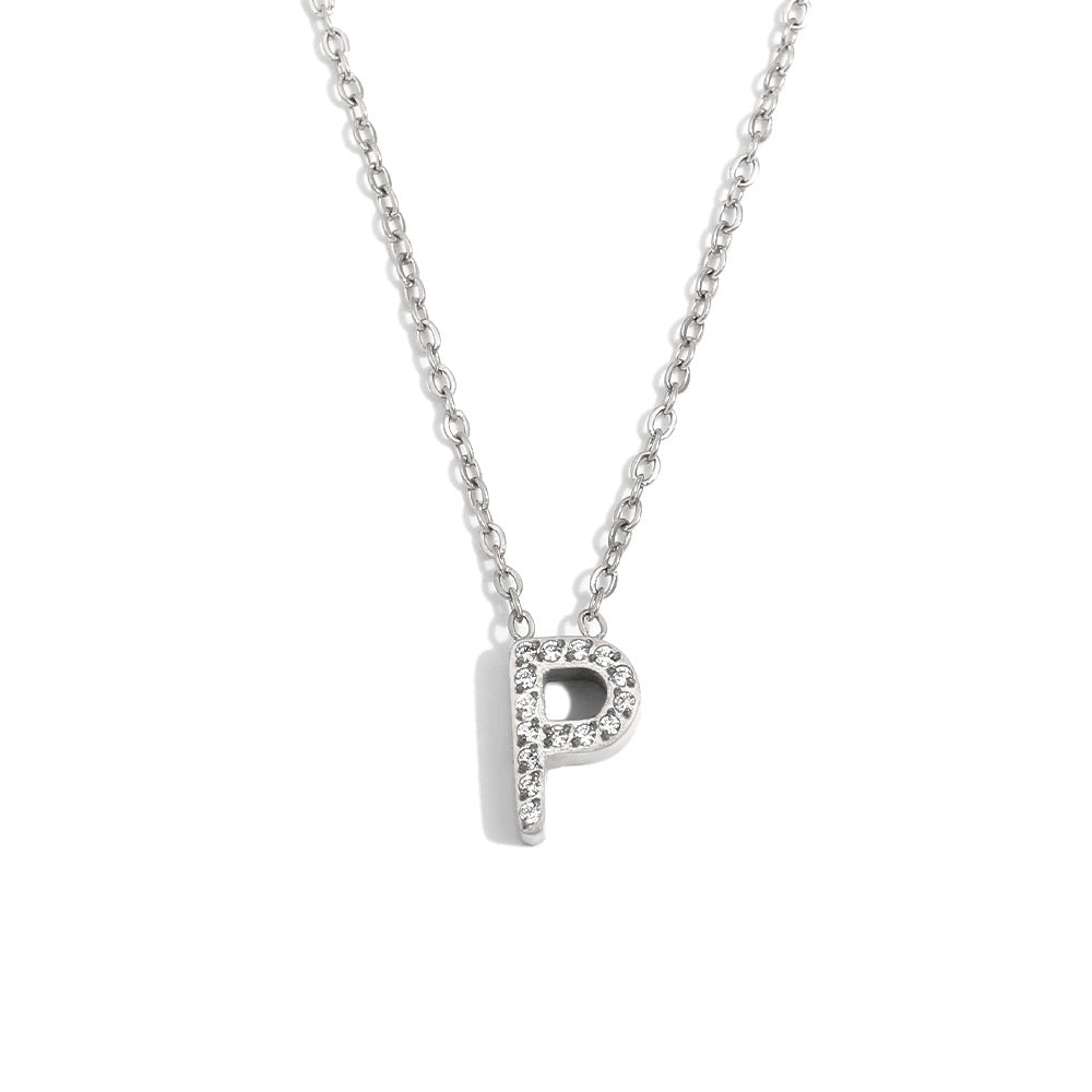 Fashionable And Simple 26 English Letter Pendant Stainless Steel Plated 18K Gold Diamond Small Letter Necklace For Women